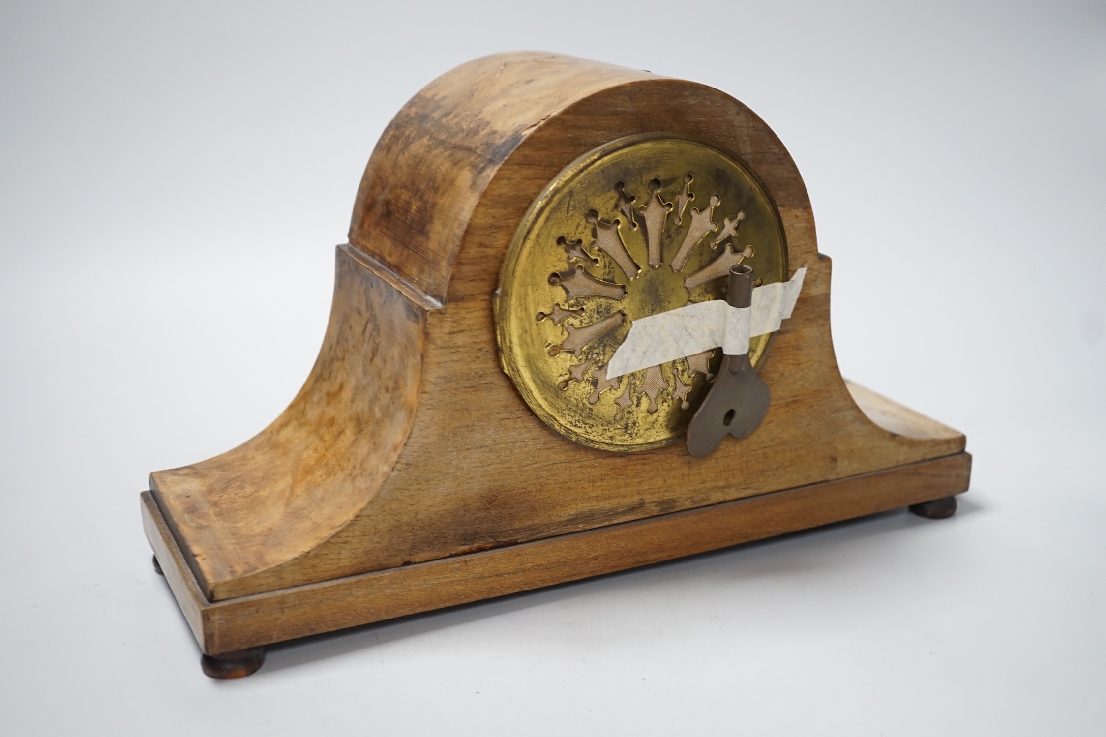 A burr walnut mantel clock, 33cms wide